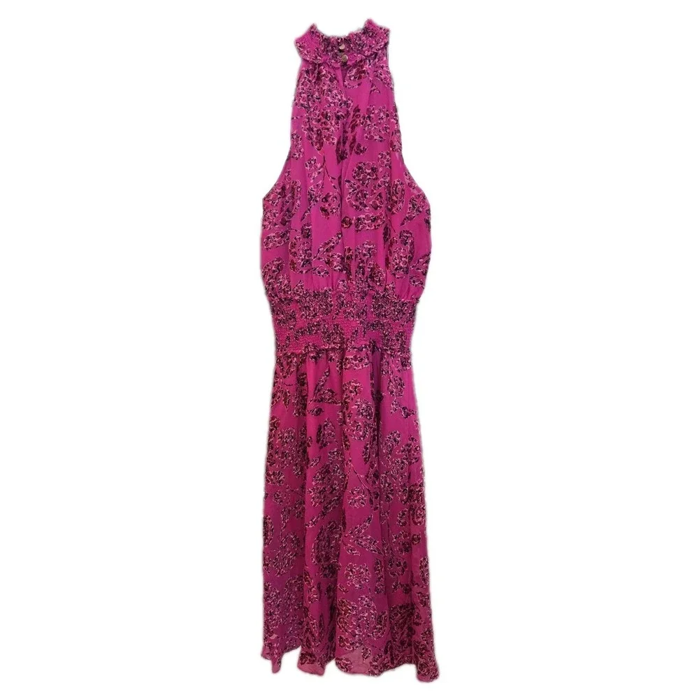 White House Black Market Pink Rose Burnout Smock-Neck Midi Dress SZ 6 Flowy Boho